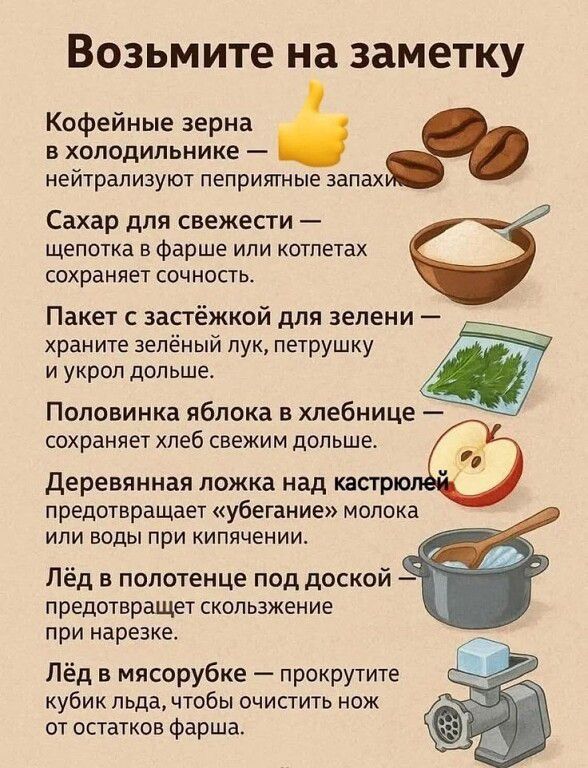 Возьмите на заметку
Кофейные зерна в холодильнике — нейтрализуют неприятные запахи
Сахар для свежести — щепотка в фарше сохраняет сочность
Пакет с застёжкой для зелени — зелёный лук, петрушку и укроп дольше
Деревянная ложка над кастрюлей — предотвращает «убегание» молока и воды при кипении
Лёд в полотенце под доской — не даёт доске скользить
Лёд в мясорубку — прокрутите кубик льда, чтобы очистить нож от остатков фарша
