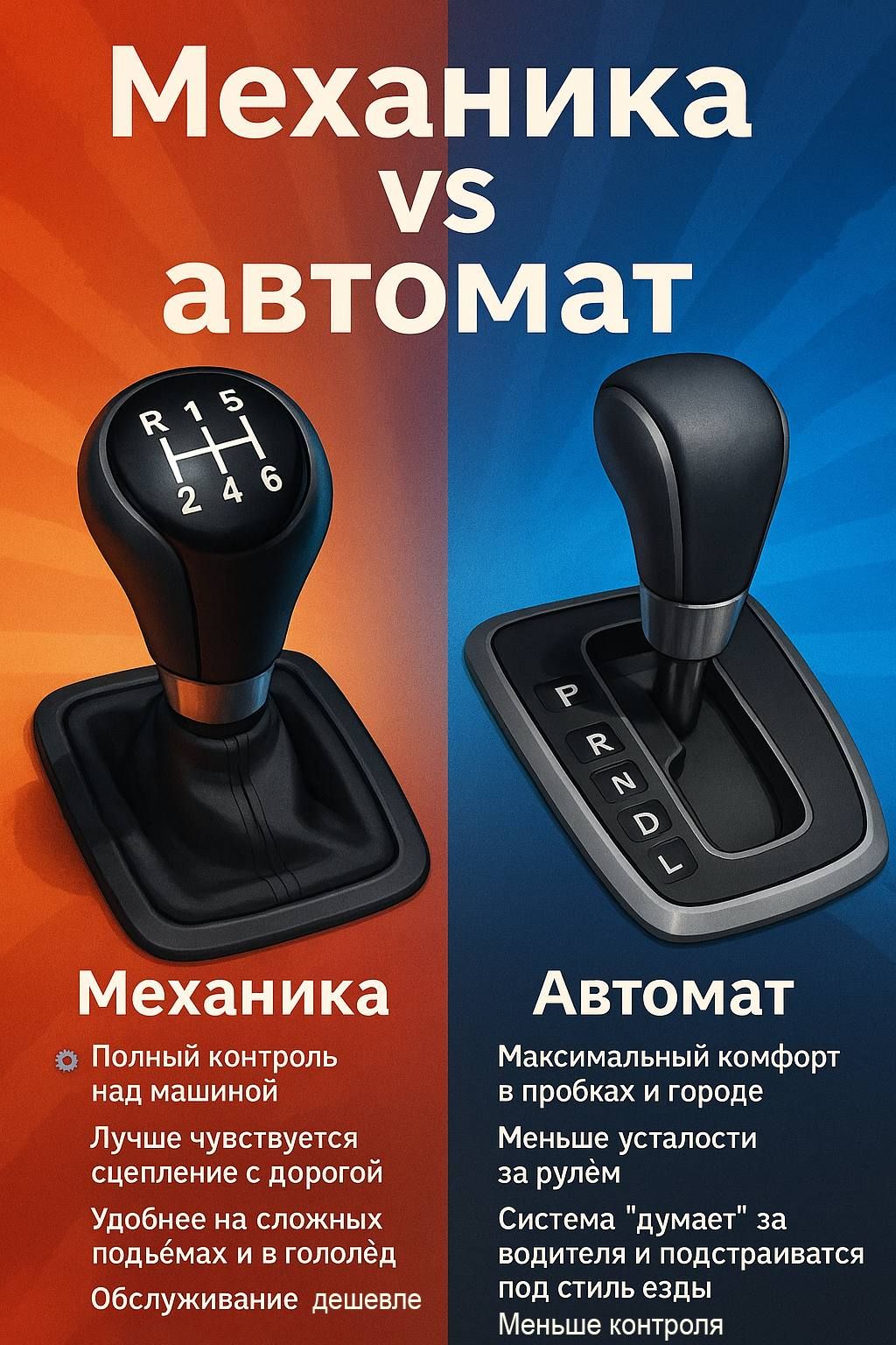 Механика vs автомат
Механика: Полный контроль над машиной; Лучше чувствуется сцепление с дорогой; Удобнее на сложных подъёмах и в гололёд; Обслуживание дешевле.
Автомат: Максимальный комфорт в пробках и городе; Меньше усталости за рулём; Система 'думает' за водителя и подстраивается под стиль езды; Меньше контроля.