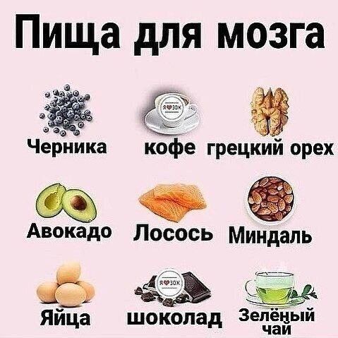 Пища для мозга
Черника  кофе греческий орех
Авокадо  Лосось  Миндаль
Яйца  шоколад  Зеленый чай