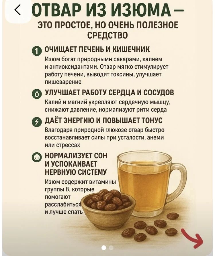 ОТВАР ИЗ ИЗЮМА — ЭТО ПРОСТОЕ, НО ОЧЕНЬ ПОЛЕЗНОЕ СРЕДСТВО. 1 ОЧИЩАЕТ ПЕЧЕНЬ И КИШЕЧНИК: изюм богат природными сахарами, калием и антиоксидантами; отвар стимулирует работу печени, выводит токсины, улучшает пищеварение. 2 УЛУЧШАЕТ РАБОТУ СЕРДЦА И СОСУДОВ: калий и магний укрепляют сердечную мышцу, снижают давление, нормализуют ритм. 3 ДАЁТ ЭНЕРГИЮ И ПОВЫШАЕТ ТОНУС: природная глюкоза восстанавливает силы при усталости и стрессах. 4 НОРМАЛИЗУЕТ СОН И УСПОКАИВАЕТ НЕРВНУЮ СИСТЕМУ: витамины группы B помогают расслабиться и лучше спать.