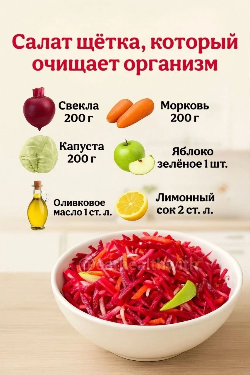 Салат щётка, который очищает организм. Свекла 200 г, Морковь 200 г, Капуста 200 г, Яблоко зелёное 1 шт., Оливковое масло 1 ст. л., Лимонный сок 2 ст. л.