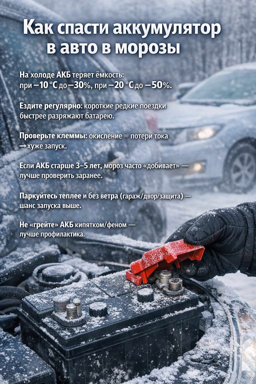 Как спасти аккумулятор в авто в морозы: На холоде АКБ теряет емкость: −10° до −30%, −20° до −50%. Ездите регулярно: короткие поездки быстрее разряжают батарею. Проверьте клеммы: окисление = потеря тока — хуже запуск. Если АКБ старше 3–5 лет, мороз часто «добивает» — лучше проверить заранее. Паркуйтесь теплее и без ветра (гараж/двор/защита) — шанс запуска выше. Не грейте АКБ кипятком/феном — профилактика.