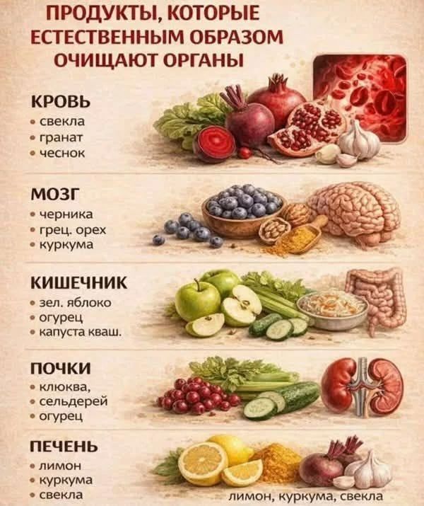 ПРОДУКТЫ, КОТОРЫЕ ЕСТЕСТВЕННЫМ ОБРАЗОМ ОЧИЩАЮТ ОРГАНЫ
КРОВЬ: свекла, гранат, чеснок
МОЗГ: черника, грец. орех, куркума
КИШЕЧНИК: зел. яблоко, огурец, капуста, кваш.   
ПОЧКИ: клюква, сельдерей, огурец
ПЕЧЕНЬ: лимон, куркума, свекла