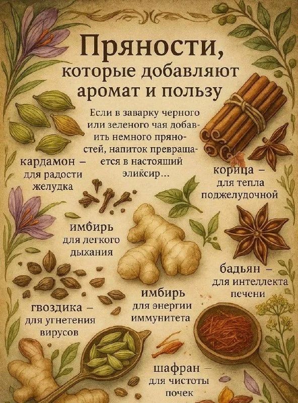 Пряности, которые добавляют аромат и пользу. Имбирь — для легкого дыхания. Гвоздика — для угнетения вирусов. Корица — для тепла поджелудочной. Бадьян — для интеллекта печени. Шафран — для чистоты.