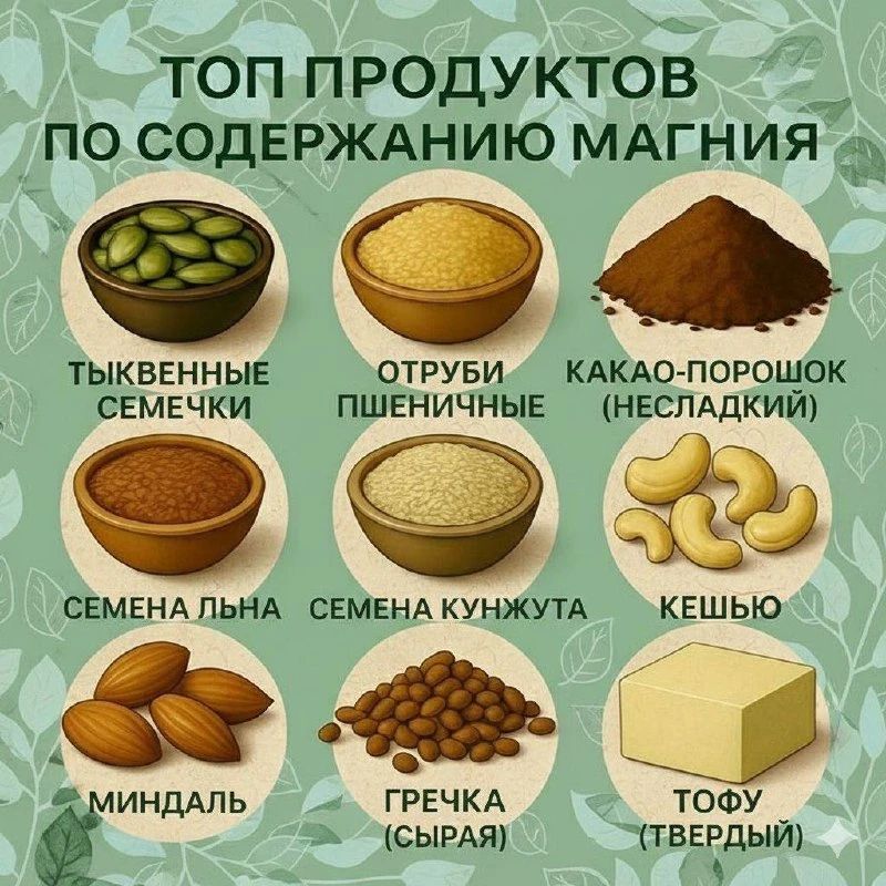 ТОП ПРОДУКТОВ ПО СОДЕРЖАНИЮ МАГНИЯ. Тыквенные семечки, отруби пшеничные, какао-порошок (несладкий), семена льна, семена кунжута, кешью, миндаль, гречка (сырая), тофу (твердый).