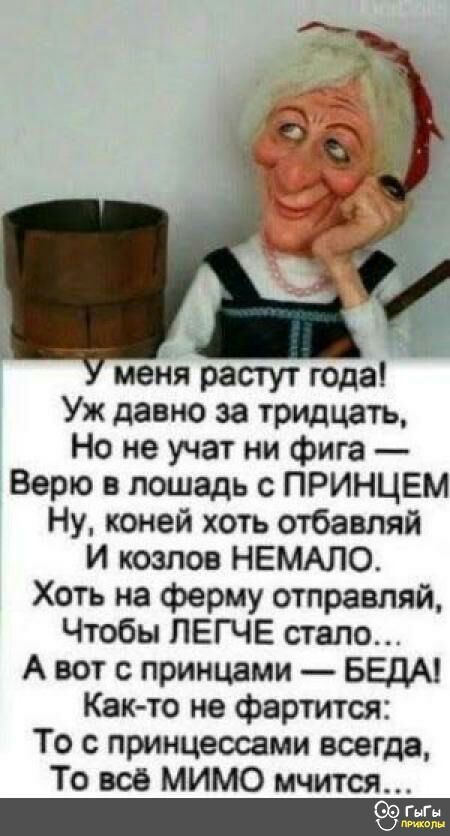 медя растут года Уж давно за тридцать Но не учат ни фига Верю в лошадь с ПРИНЦЕМ Ну коней хоть отбавляй И козлов НЕМАЛО Хоть на ферму отправляй Чтобы ПЕГЧЕ стало А вот принцами БЕДА Как то не фартится То с принцессами всегда То всё МИМО мчится