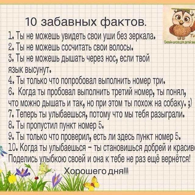 10 забавных фактов 1 Ты не можешь увидеть свои уши без зеркала ти 2Ты не можешьсосчитатьсвои волосы 5 Ты не можешь дышать через нос если твой язык высунут 4 Ты только что попробовал выполнить номер три 6 Когда ты пробовал выполнить третий номер ты понял что можно дышать и так но при этом ты похож на собаку 7 Теперь ты улыбаешься потому что мы тебя разыграли 8 Ты пропустил пункт номер 5 9 Ты только