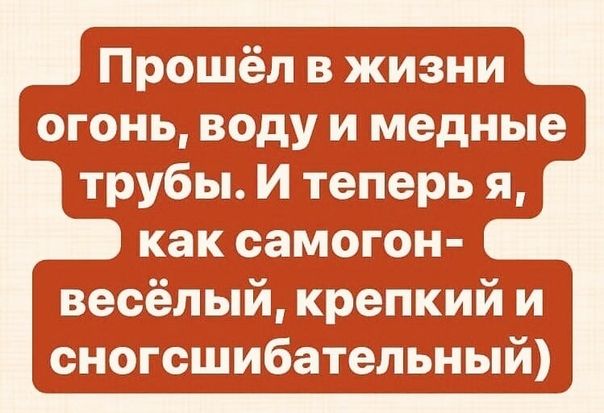 Прошёл в жизни огонь воду и медные трубы И теперь я как самогон весёлый крепкий и сногсшибательный