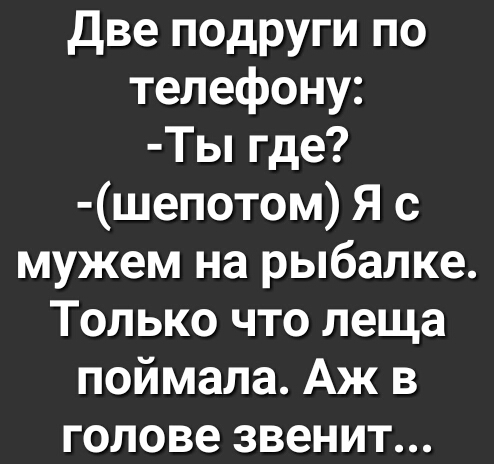две подруги по телефону Ты где шепотом Я с мужем на рыбалке Только что леща поймала Аж в голове звенит