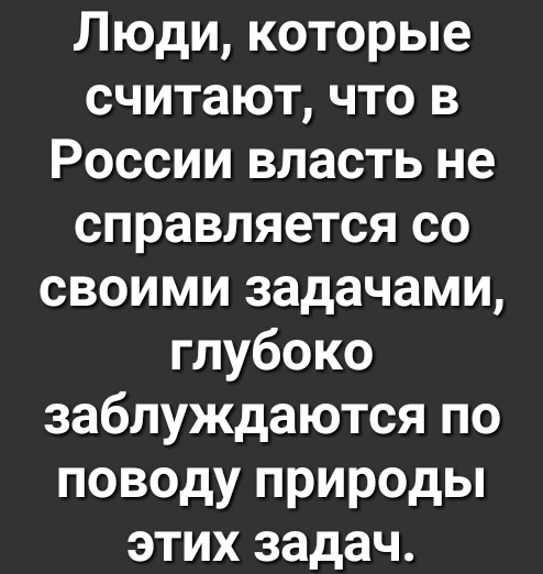 Люди которые считают что в России власть не справляется со своими задачами глубоко заблуждаются по поводу природы этих задач