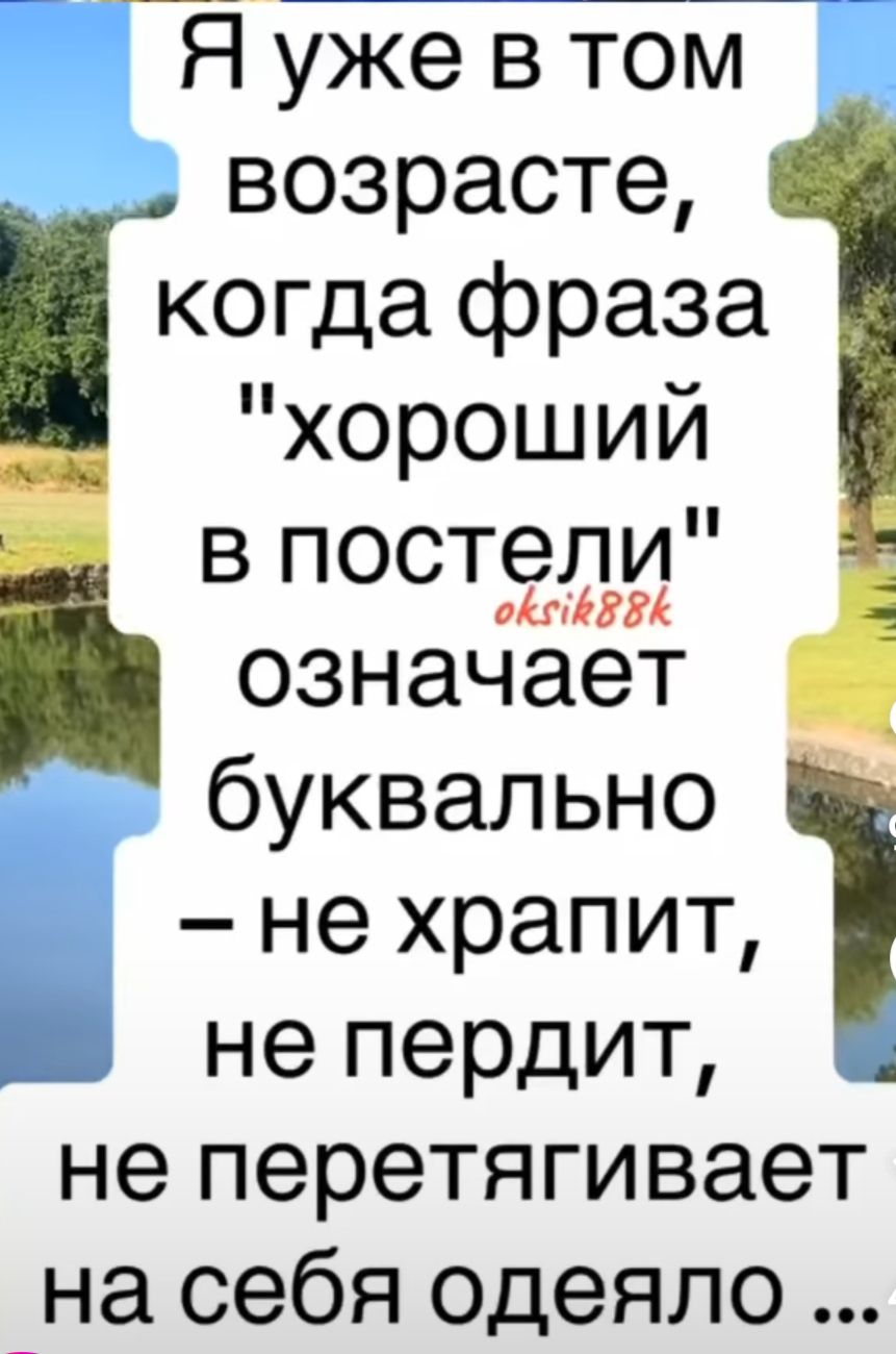 Я уже в том возрасте когда фраза хороший в постели означает буквально не храпит Ш не пердит не перетягивает на себя одеяло