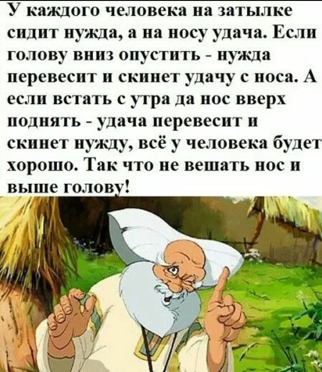 У каждого человека на затылке сидит нужда а на носу удача Если голову вниз опустить нужда перевесит и скинет удачу с носа А если встать с утра да нос вверх поднять удача перевесит и скинет нужду всё у человека будет хорошо Так что не вешать нос и выше голову Й