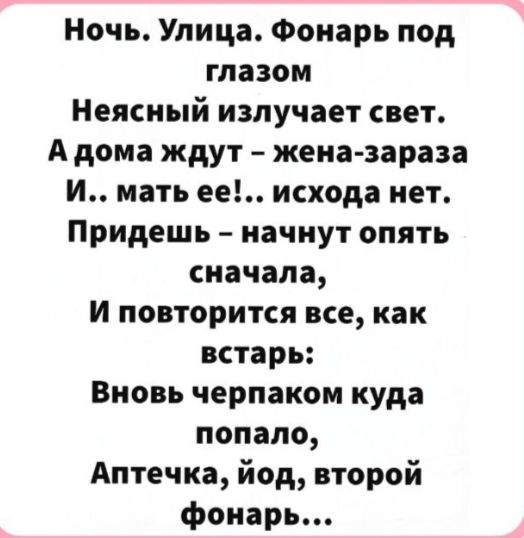 Ночь Улица Фонарь под глазом Неясный излучает свет Адома ждут жена зараза И мать ее исхода нет Придешь начнут опять сначала И повторится все как встарь Вновь черпаком куда попало Аптечка йод второй фонарь