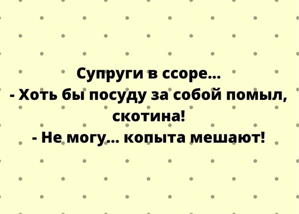 Супруги в ссоре Хоть бы посуду за собой помыл _ скотина Не могу копыта мешают