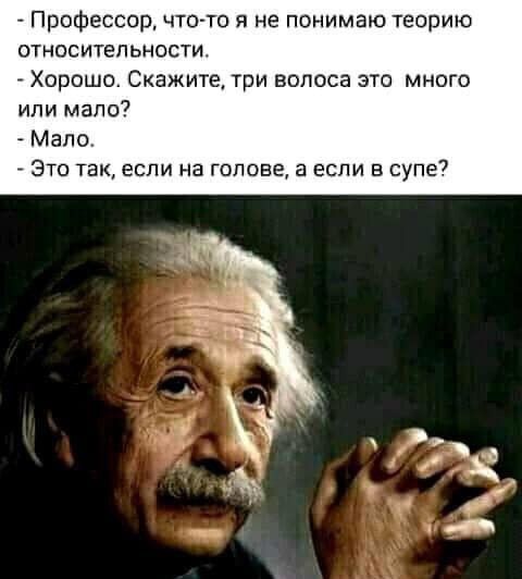 Профессор что то я не понимаю теорию ОТНОСИТБПЬНОСТИ Хорошо Скажите три волоса это много или мало Мало Это так если на голове а если в супе