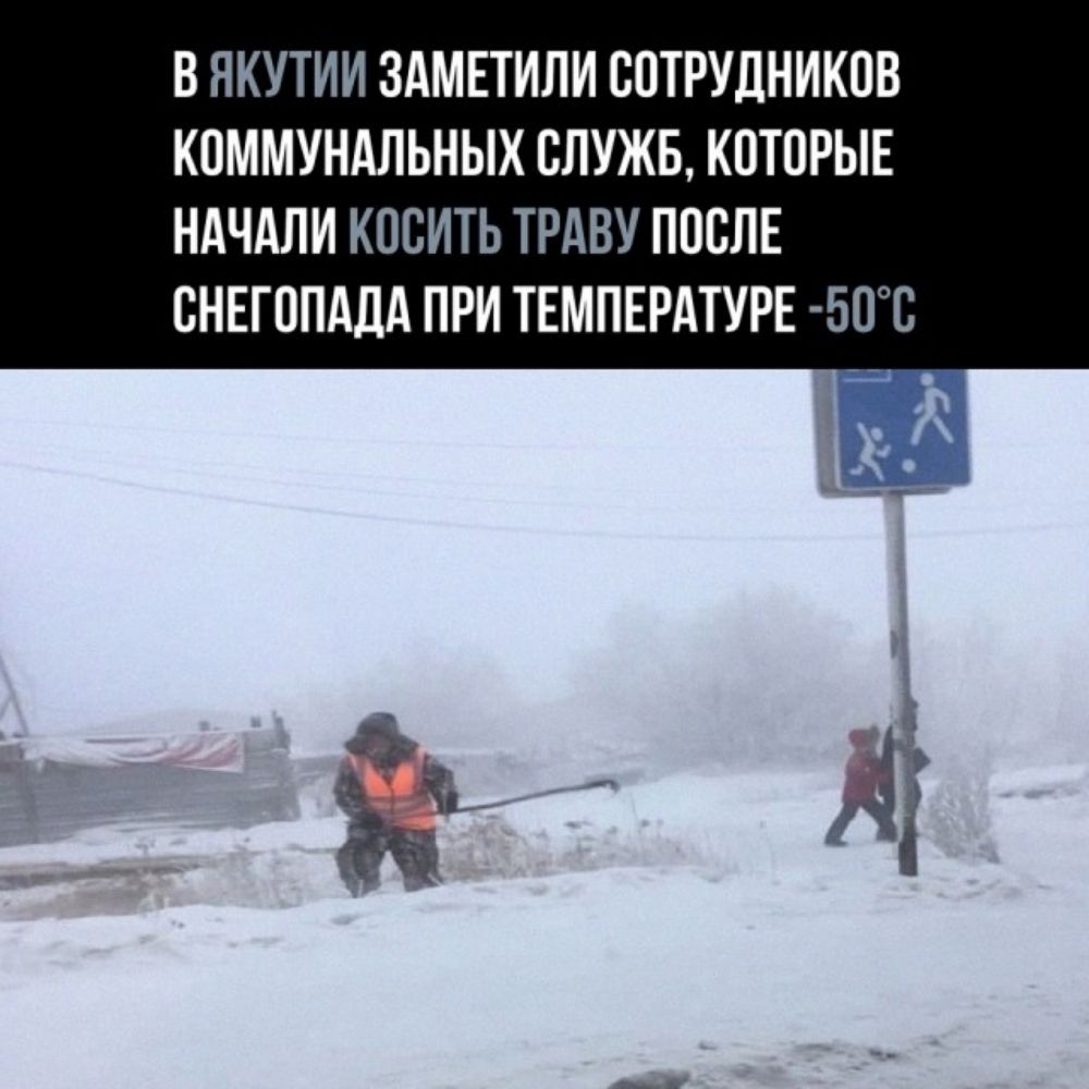 В ЯКУТИИ ЗАМЕТИЛИ СОТРУДНИКВВ КОММУНАЛЬНЫХ СЛУЖБ КОТОРЫЕ НАЧАЛИ КОСИТЬ ТРАВУ ПОСЛЕ СНЕГППАДА ПРИ ТЕМПЕРАТУРЕ 50С