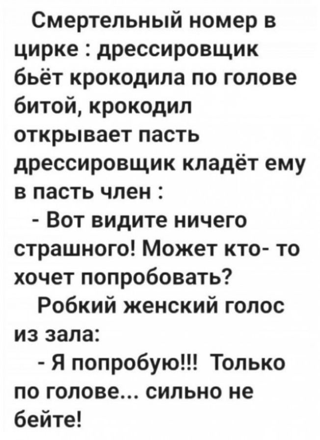 Смертельный номер в цирке дрессировщик бьёт крокодила по голове битой крокодил открывает пасть дрессировщик кладёт ему в пасть член Вот видите ничего страшного Может кто то хочет попробовать Робкий женский голос из зала Я попробую Только по голове сильно не бейте