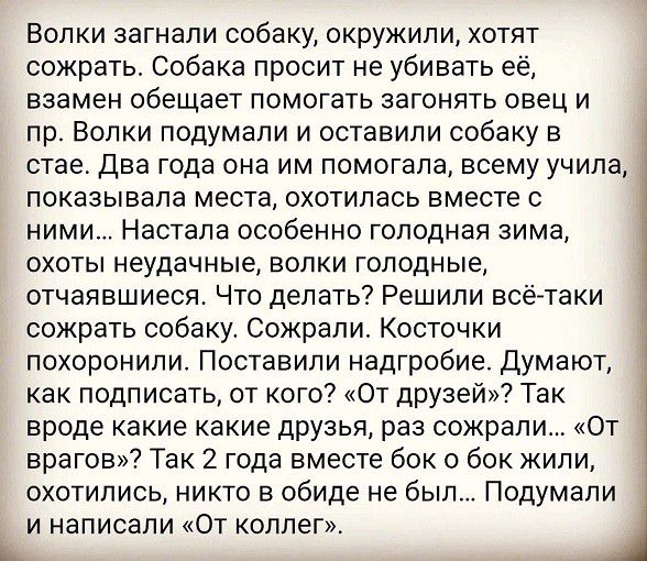 Волки загнали собаку окружили хотят сожрать Собака просит не убивать её взамен обещает помогать загонять овец и пр Волки подумали и оставили собаку в стае Два года она им помогала всему учила показывала места охотилась вместе с ними Настала особенно голодная зима охоты неудачные волки голодные отчаявшиеся Что делать Решили всётаки сожрать собаку Сожрали Косточки похоронили Поставили надгробие Дума