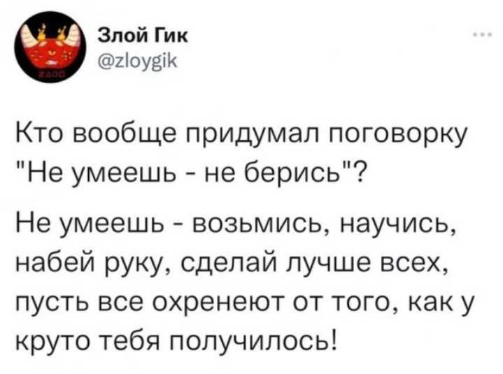 Злой Гик пиудік Кто вообще придумал поговорку Не умеешь не берись Не умеешь возьмись научись набей руку сделай лучше всех пусть все охренеют от того как у круто тебя получилось