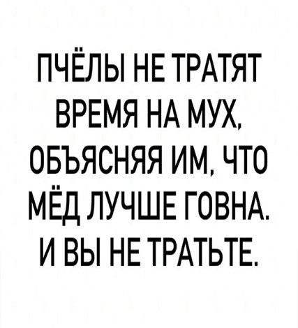 ПЧЁЛЫ НЕ ТРАТЯТ ВРЕМЯ НА МУХ ОБЪЯСНЯЯ ИМ ЧТО МЁД ЛУЧШЕ ГОВНА И ВЫ НЕ ТРАТЬТЕ