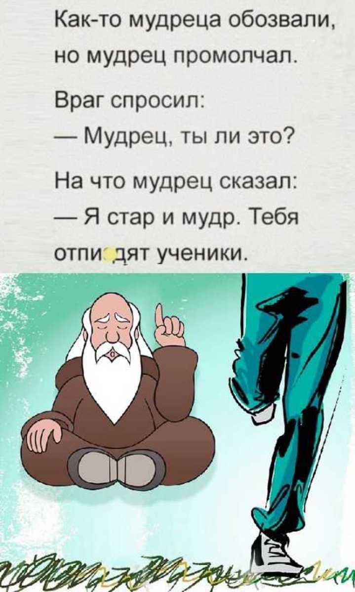 Както мудреца обозвали но мудрец промолчал Враг спросил Мудрец ты ли это На что мудрец сказал Я стар и мудр Тебя отиьдят ученики