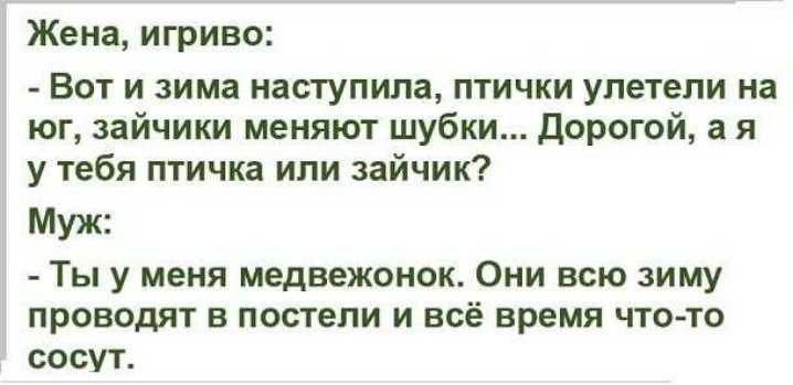 Жена игриво Вот и зима наступила птички улетели на юг зайчики меняют шубки Дорогой а я у тебя птичка ипи зайчик Муж Ты у меня медвежонок Они всю зиму ПРОВОДИТ В ПОСТЕПИ И всё время ЧТО ТО СО