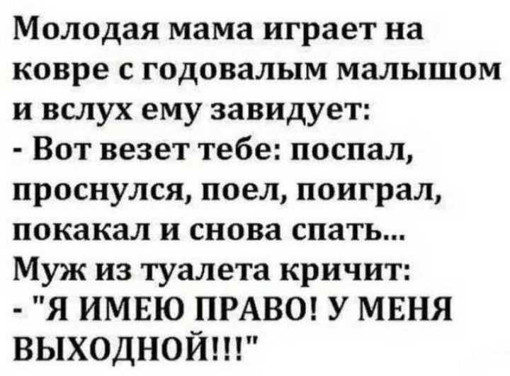 Молодая мама играет на ковре с годовалым малышом и вслух ему завидует Вот везет тебе поспал проснулся поел поиграл покакал и снова спать Муж из туалета кричит Я ИМЕЮ ПРАВО У МЕНЯ ВЫХОДНОЙ