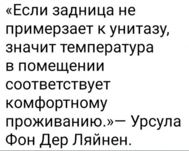 Если задница не примерзает к унитазу значит температура в помещении соответствует комфортному проживанию Урсула Фон Дер Ляйнен