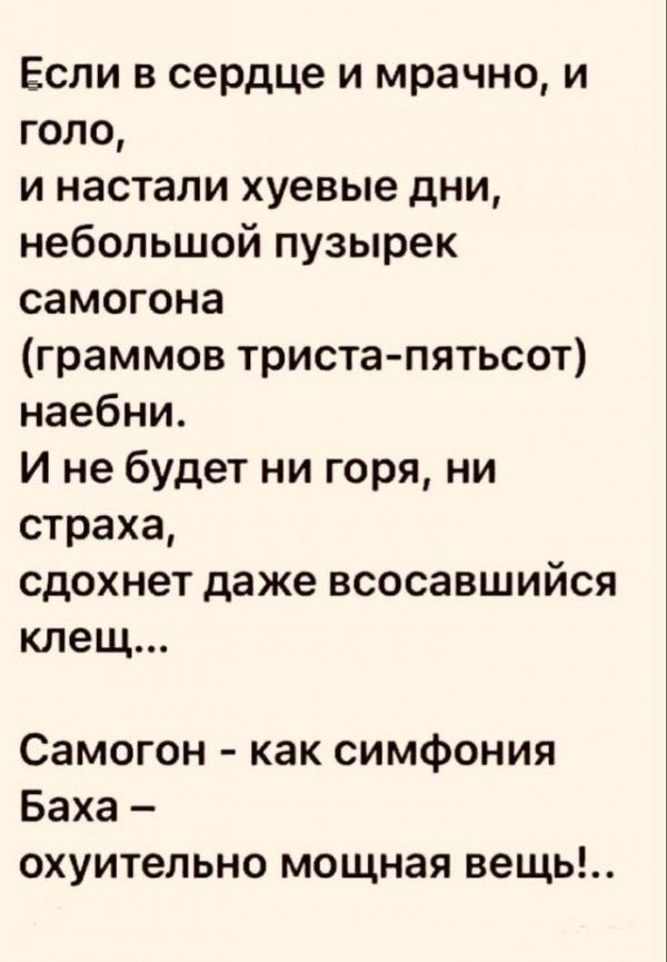 Если в сердце и мрачно и голо и настали хуевые дни небольшой пузырек самогона граммов тристапятьсот наебни И не будет ни горя ни страха сдохнет даже всосавшийся клещ Самогон как симфония Баха охуительно мощная вещь