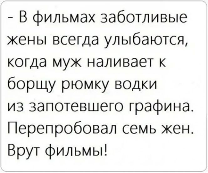В фильмах заботливые жены всегда улыбаются когда муж наливает К борщу рюмку водки из запотевшего графина Перепробовал семь кен Врут фильмы