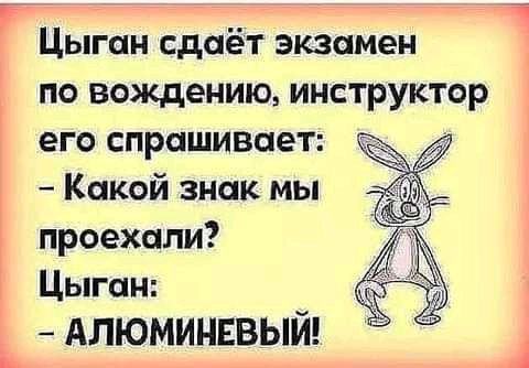 Цыган сдаёт экзамен по вождению инструктор его спрашивает Какой знак мы проехали Цыган АЛЮМИНЕВЫЙ А