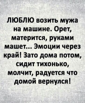 ЛЮБЛЮ возить мужа на машине Орет матерится руками машет Эмоции через край Зато дома потом сидит тихонько молчит радуется что домой вернулся