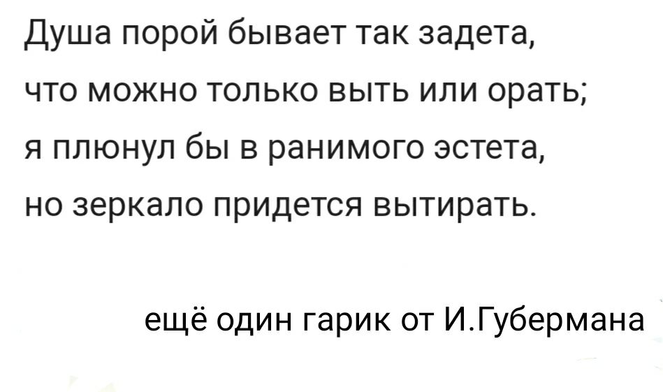 Душа порой бывает так задета что можно только выть или орать я плюнул бы в ранимого эстета НО зеркало ПРИДЕТСЯ вытирать ещё один гарик от ИГубермана