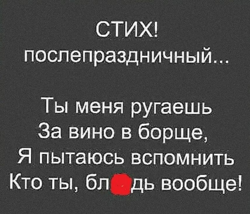 СТИХ послепраздничный Ты меня ругаешь За вино в борще Я пытаюсь вспомнить Кто ты блдь вообще
