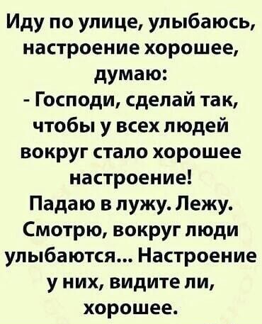 Иду по улице улыбаюсь настроение хорошее думаю Господи сделай так чтобы у всех людей вокруг стало хорошее настроение Падаю в лужу Лежу Смотрю вокруг люди улыбаются Настроение у них видите ли хорошее