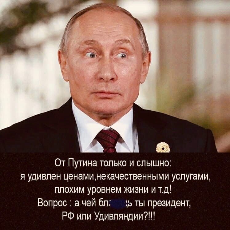 От Путина только и слышно я удивлен ценаминекачественными услугами плохим уровнем жизни и тд Вопрос а чей бп ь ты президент РФ или УдивпяндииШ