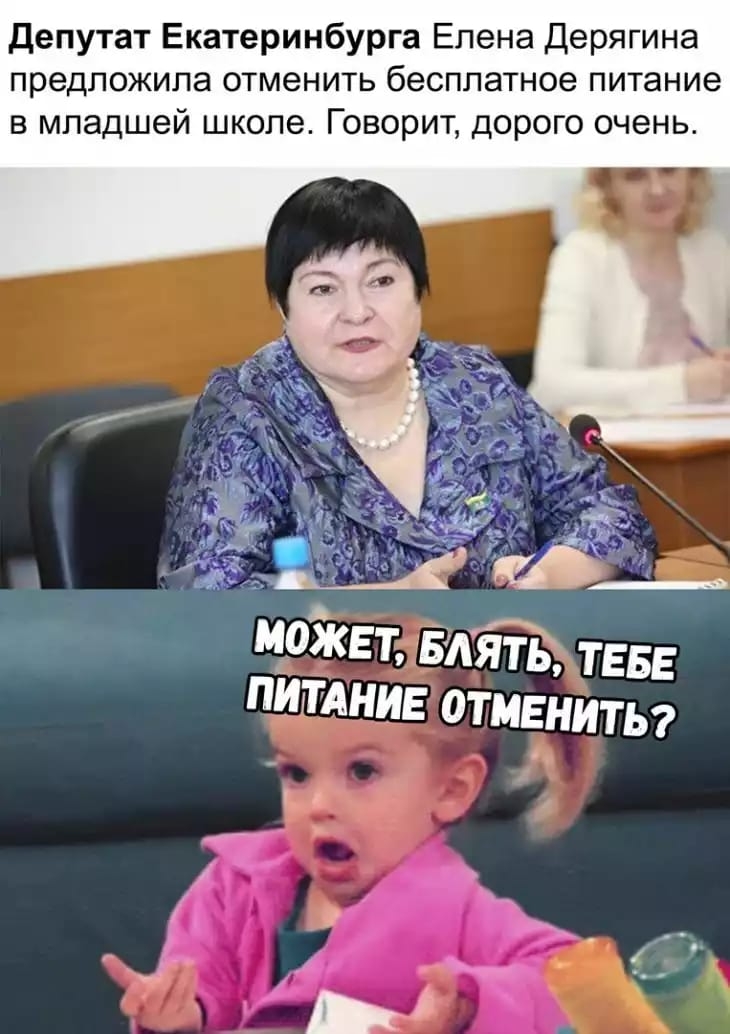 депутат Екатеринбурга Елена Дерягина предложила отменить бесплатное питание в младшей школе Говорит дорого очень