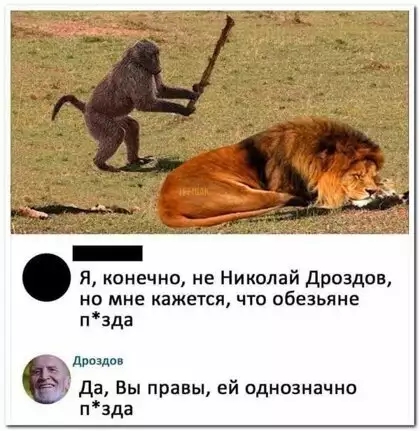 Я конечно не Николай дроздсв но мне кажется чт обезьяне пзда дрозды Да Вы правы ей однозначно пзда