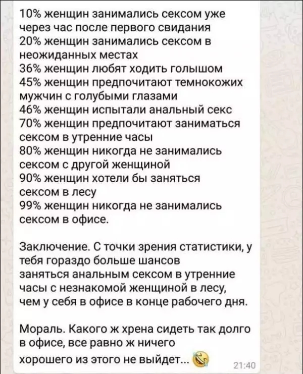 10 женщин занимались сексом уже через час после первого свидания 20 женщин занимались сексом в неожиданных местах 36 женщин любят ходить голышом 45 женщин предпочитают темнокожих мужчин с голубыми глазами 46 женщин испытали анальный секс 70 женщин предпочитают заниматься сексом в утренние часы 80 женщин никогда не занимались сексом с другой женщиной 90 женщин хотели бы заняться сексом в лесу 99 же