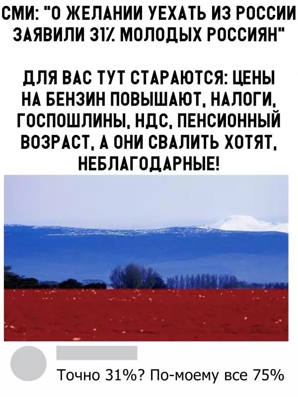 СМИ О ЖЕЛАНИИ УЕХАТЬ ИЗ РОССИИ ЗАЯВИЛИ 312 МОЛОДЫХ РОССИЯН дЛЯ ВАС ТУТ СТАРАЮТСЯ ЦЕНЫ НА БЕНЗИН ПОВЫШАЮТ НАЛОГИ ГОСПОШЛИНЫ НДС ПЕНСИОННЫЙ ВОЗРАСТ А ОНИ СВАЛИТЬ ХОТЯТ НЕБЛАГОДАРНЫЕ Точно 31 По моему все 75