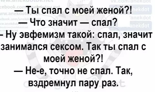 Ты спал с моей женой Что значит спал Ну эвфемизм такой спал значит занимался сексом Так ты спал с моей женой Не е точно не спал Так вздремнул пару раз