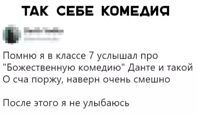 ТАК СЕБЕ КОМЕДИЯ Помню я в классе 7 услышал про Божественную комедию Данте и такой 0 сча поржу наверн очень смешно После этого я не улыбаюсь