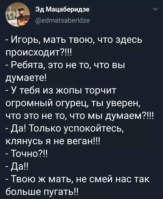 Эд Мацаберидзе еатаіэаЬегібие Игорь мать твою что здесь происходит Ребята это не то что вы думаете У тебя из жопы торчит огромный огурец ты уверен что это не то что мы думаем Да Только успокойтесь клянусь я не веган Точно Да Твою ж мать не смей нас так больше пугать