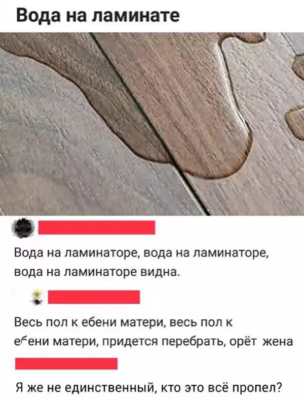 Вода на ламинате Вода на паминаторе вода на ламинаторе вода на паминаторе видна Весь пол к ебени матери весь пол к едени матери придется перебрать орёт жена _ Я же не единственный кто это всё пр ел