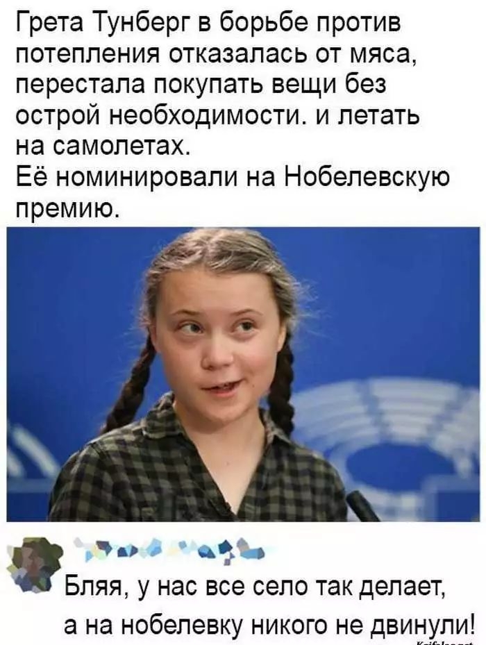 Грета Тунберг в борьбе против потепления отказалась от мяса перестала покупать вещи без острой необходимости и летать на самолетах Её номинировали на Нобелевскую премию Бпяя у нас все село так делает а на нобелевку никого не двинул