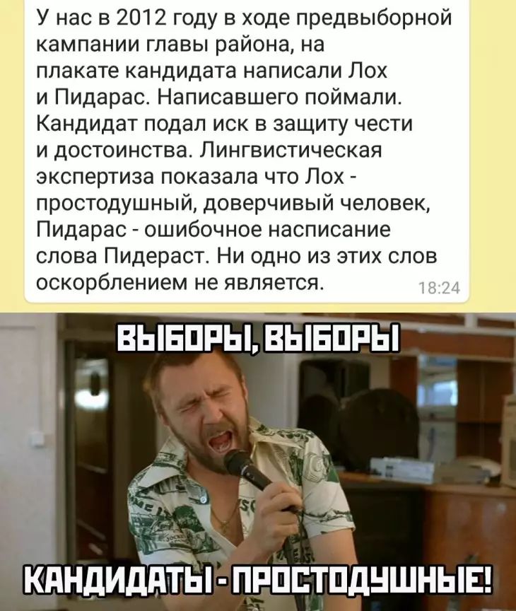 У нас в 2012 году в ходе предвыборной кампании главы района на плакате кандидата написали Лох и Пидарас Написавшего поймали Кандидат подал иск в защиту чести и достоинства Лингвистическая экспертиза показала что Лох простодушный доверчивый человек Пидарас ошибочное насписание слова Пидераст Ни одно из этих слов оскорблением не является вьінппь вынппнгтт