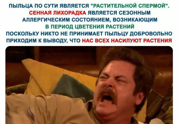 ПЫЛЬЦА ПО СУТИ ЯВЛЯЕТСЯ РАСТИТЕПЬНОЙ СПЕРМОЙ СЕННАЯ ЛИХОРАДКА ЯВЛЯЕТСЯ СЕЗОННЫМ АЛПЕРГИЧЕСКИМ СОСТОЯНИЕМ ВОЗНИКАЮЩИМ В ПЕРИОД ЦВЕТЕНИЯ РАСТЕНИЙ ПОСКОЛЬКУ НИКТО НЕ ПРИНИМАЕТ ПЫПЬЦУ дОБРОВОПЬНО ПРИХОДИМ К ВЫВОДУ ЧТО НАС ВСЕХ НАСИЛУЮТ РАСТЕНИЯ