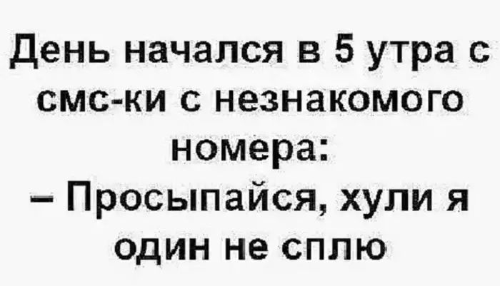 день начался в 5 утра с смс ки с незнакомого номера Просыпайся хули я один не сплю