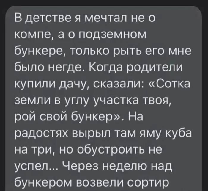 В детстве я мечтал не о компе, а о подземном бункере, только рыть его мне было негде. Когда родители купили дачу, сказали: «Сотка земли в углу участка твоя, рой свой бункер». На радостях вырыл там яму куба на три, но обустроить не успел... Через неделю над бункером возвели сортир