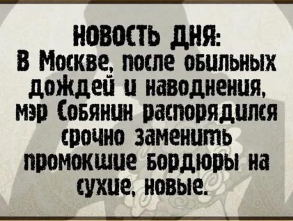 НОВОСТЬ ДНЯ: В Москве, после обильных дождей и наводнения, мэр Собянин распорядился срочно заменить промокшие бордюры на сухие, новые.
